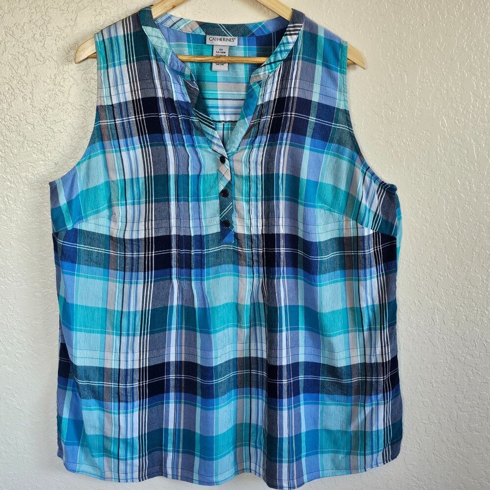 Catherine’s Tank Top Women's 0X 14/16W Bue Preppy Plaid Beach Coastal Nautical